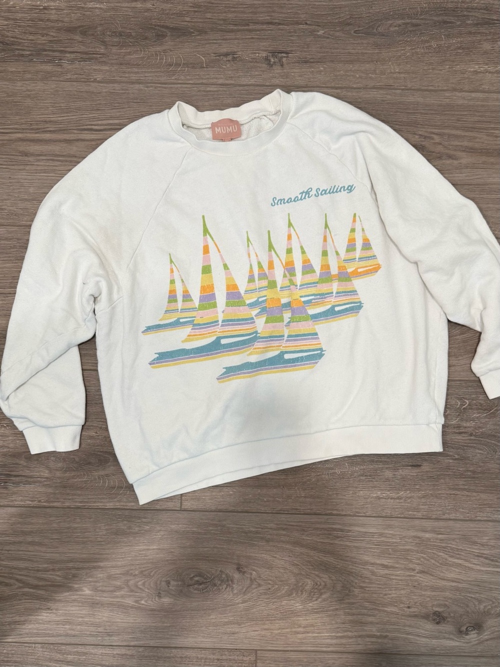 Show Me Your MuMu White Crewneck Sweatshirt with Pastel Sailboat Graphic